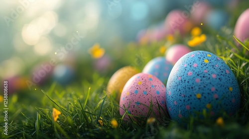 Colorful Easter eggs hidden in grass adorned with flowers during a sunny spri...
