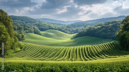 Lush green hills and rolling vineyards in a peaceful countryside landscape du...