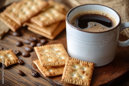 Delicious coffee with crunchy snacks arranged on a wooden table during a cozy...