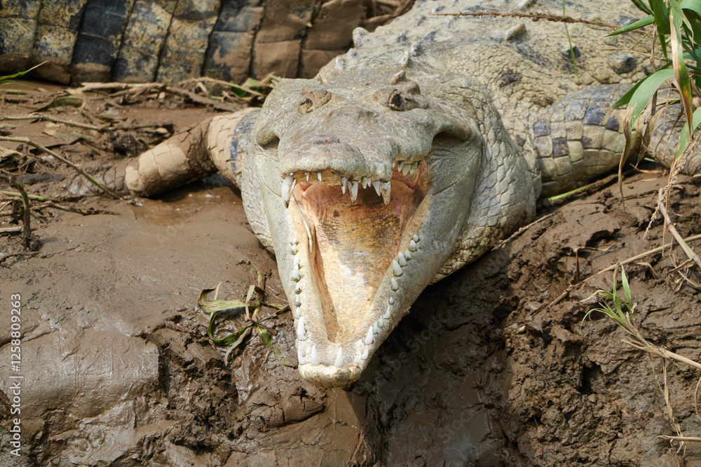 Jaco, Costa Rica - November 21, 2024 - american crocodile, Crocodilus acutus, in the banks of Tarcoles river, in Puntarenas province