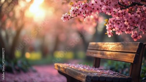Blossoming cherry trees surround a peaceful bench in a serene park during spr...