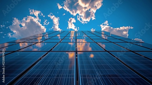 Solar panels reflect clouds and blue sky at a renewable energy facility