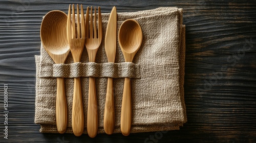 Elegant wooden utensils arranged neatly on a textured linen cloth in warm lig...