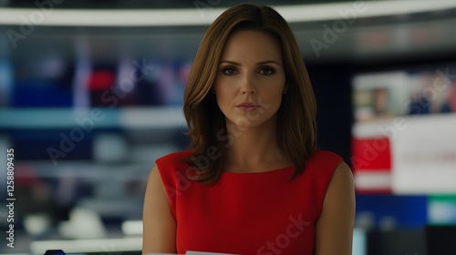 Serious Female News Anchor in Red Dress Studio Portrait