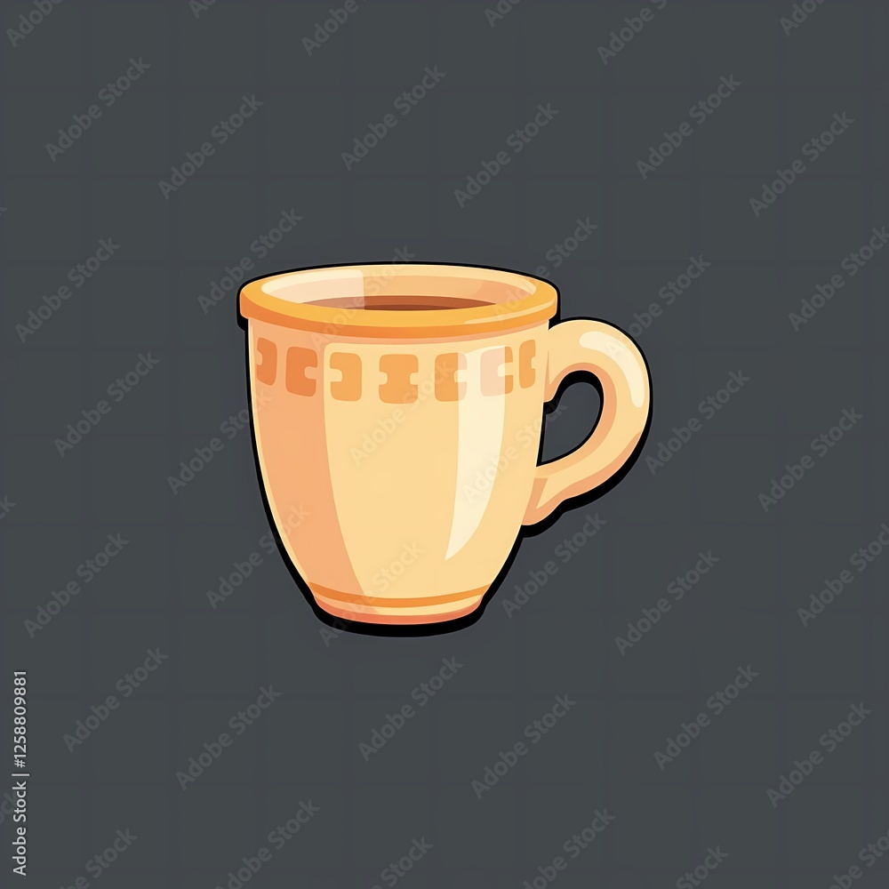 An retro image of a beige mug with geometric patterns. The background is a dark gray color, adding depth and contrast. An retro image of a beige mug with geometric patterns. The background is a dark gray color, adding depth and contrast.
