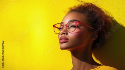 Bright sunlight highlights girl with red glasses against yellow wall background