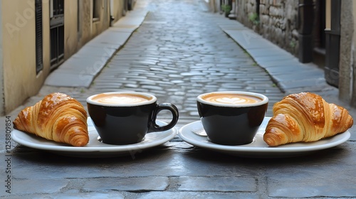 Fototapeta Naklejka Na Ścianę i Meble -  Two Cappuccinos and Croissants on Cobblestone Street