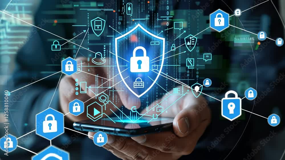 Man Holding Smartphone with Digital Lock Security Interface and Binary Data Visualization Representing Cybersecurity and Data Protection Man Holding Smartphone with Digital Lock Security Interface and Binary Data Visualization Representing Cybersecurity and Data Protection