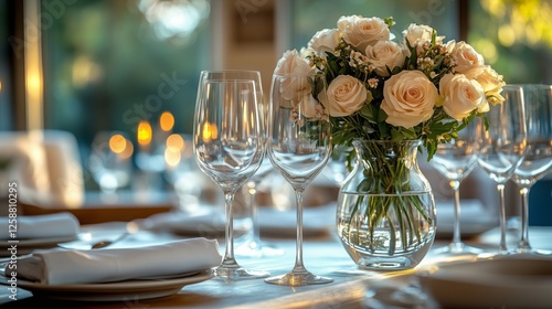 Elegant dinner setting with rose centerpiece and candlelight during the evening