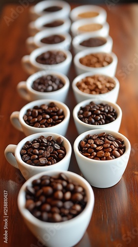 Coffee beans displayed in various roasts on wooden table at tasting event in ...