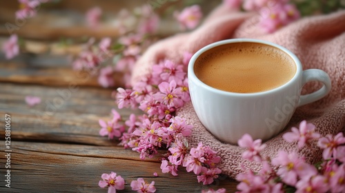 Coffee cup surrounded by pink blossoms on wooden surface in cozy setting