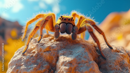 Bright yellow spider on a rocky surface under a clear blue sky in natural hab...