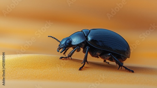 Black beetle crawls over orange sand in a desert landscape during daytime