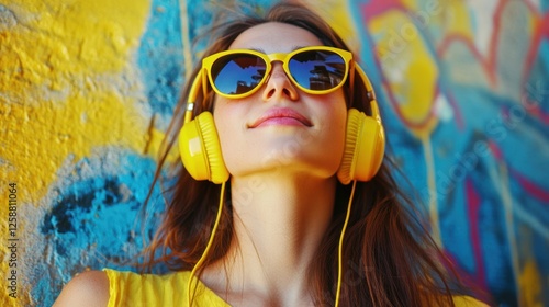 Cheerful woman wearing yellow headphones smiling against a graffiti background. photo