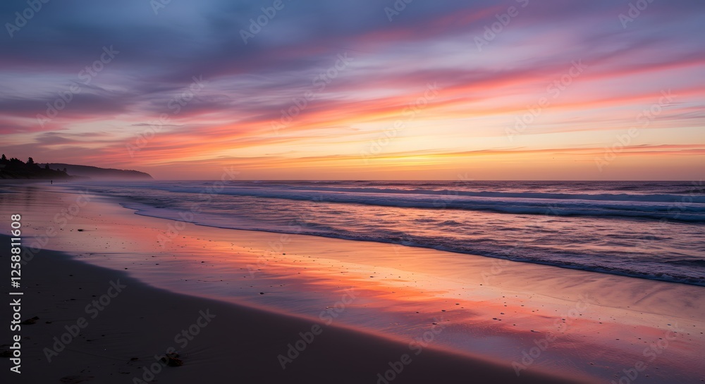 Vibrant Beach Sunset Reflection with Pink and Purple Sky and Waves Vibrant Beach Sunset Reflection with Pink and Purple Sky and Waves