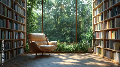 Cozy reading nook with natural light and greenery in a tranquil library