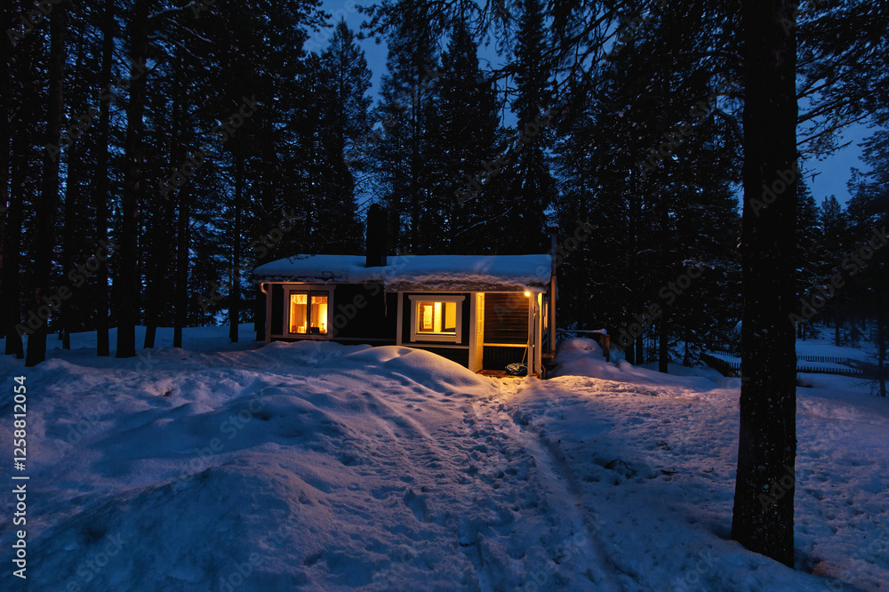 Cozy wooden cabin in a snow-covered forest in the north of Sweden, Kiruna
