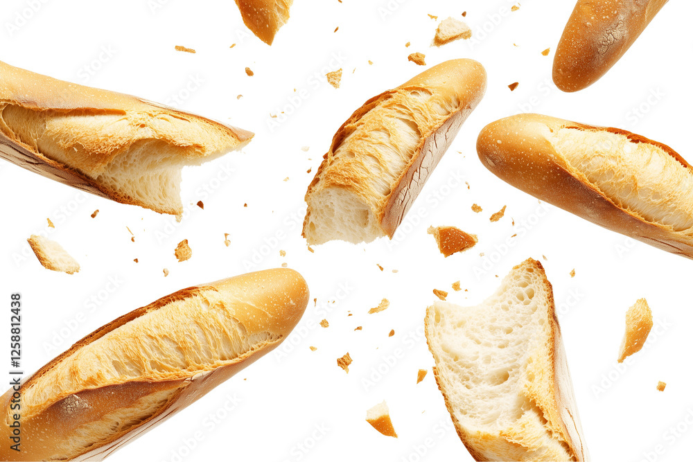 a baguette bread flying in the air with broken pieces isolated on a transparent background a baguette bread flying in the air with broken pieces isolated on a transparent background