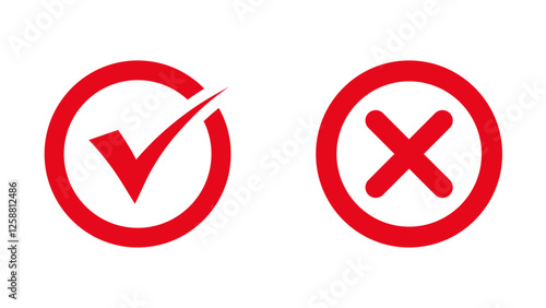 Check mark and red cross mark icon set, red tick and red x. Symbols of approval and Decline,  right and wrong buttons, Wrong and right icon vectors set