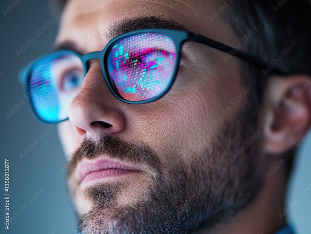 man with glasses reflecting digital screen man with glasses reflecting digital screen