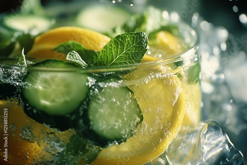 Refreshing drink with lemon and cucumber garnished with mint in a clear glass...