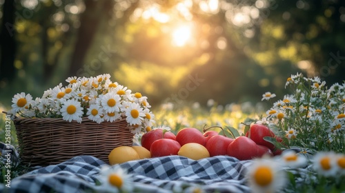 Fresh apples and daisies in a basket during sunset in a peaceful meadow