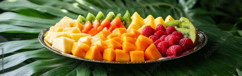 A stunning arrangement of tropical fruits showcases colorful slices of kiwi, melon, pineapple, and raspberries on a large platter A stunning arrangement of tropical fruits showcases colorful slices of kiwi, melon, pineapple, and raspberries on a large platter