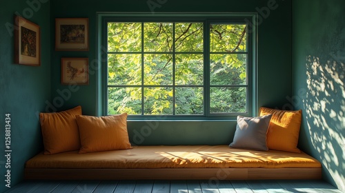 Cozy reading nook with bright window and leafy view in a serene indoor space