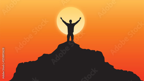  Silhouettes Man standing on edge of mountain feeling victorious with arms up in the air. Success, life goals, achievement concept.