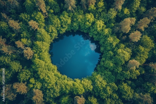 Circular lake surrounded by dense green forest captured from above during sun...