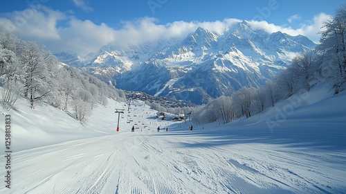 Snowy ski slope with distant mountains and clear blue sky during winter