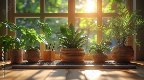 Bright sunlight streaming through windows highlights an arrangement of indoor...