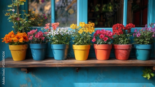 Brightly colored flower pots lined up on a wooden ledge in a vibrant garden s...
