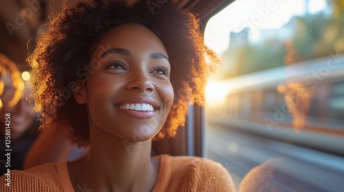 Woman enjoying a train journey during sunset with a warm smile and bright atm...