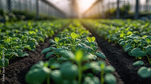 Green plants flourishing in a greenhouse during golden hour near a farming area