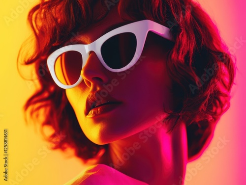 A stylish woman with short red hair and white sunglasses illuminated by vibrant neon lighting. photo