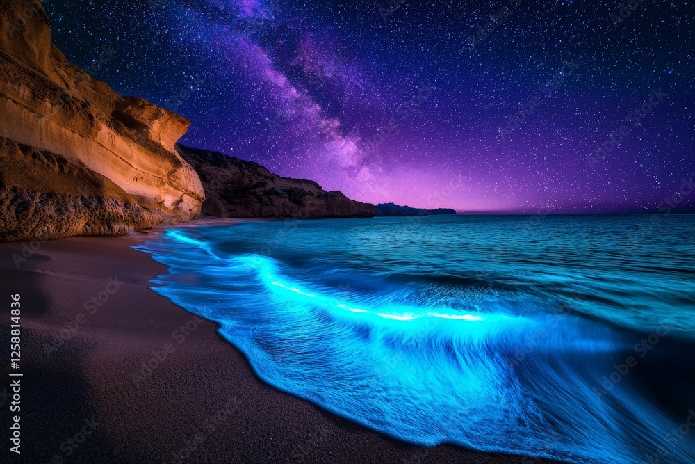 Fototapeta premium Magical Bioluminescent Waves Under Bright Blue Night Sky