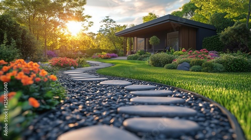 Beautiful garden pathway leading to a modern house during sunset