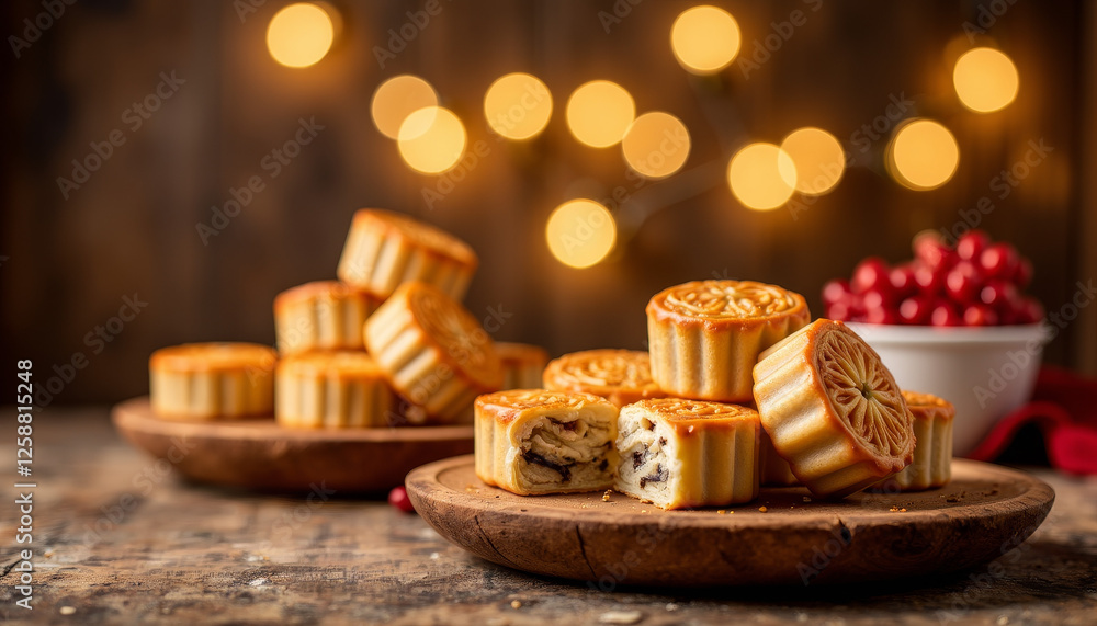 Delicious mooncakes arranged on rustic table with festive ambiance, Mid-Autumn Festival Delicious mooncakes arranged on rustic table with festive ambiance, Mid-Autumn Festival