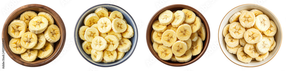 Banana slices in a bowl isolated on transparent background ,PNG, set of Banana slices in a bowl isolated on transparent background ,PNG, set of