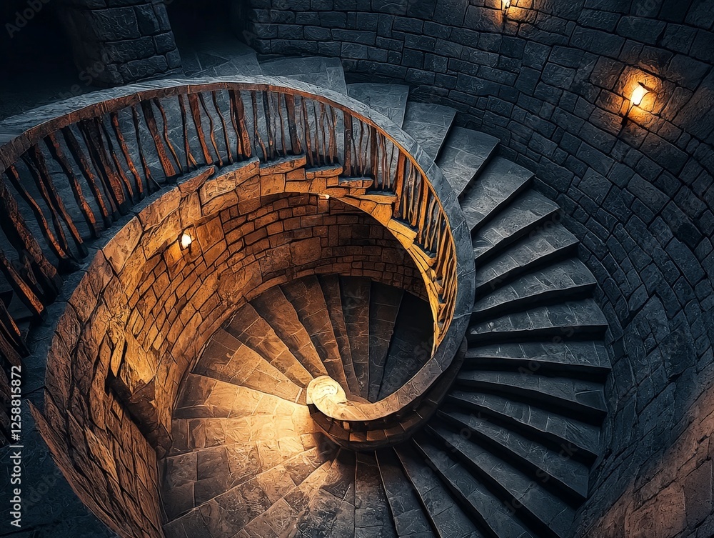 Fototapeta premium Descending Spiral Staircase into Darkness with Warm Lighting