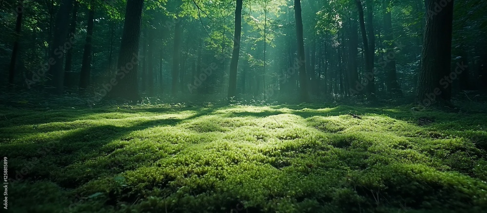 Fototapeta premium Sunlight filtering through lush green trees onto a moss-covered forest floor, creating a serene atmosphere