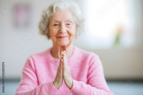 Elderly woman practices mindfulness, meditating with hands together. Calm, peaceful expression enhances the serene moment of self reflection. photo