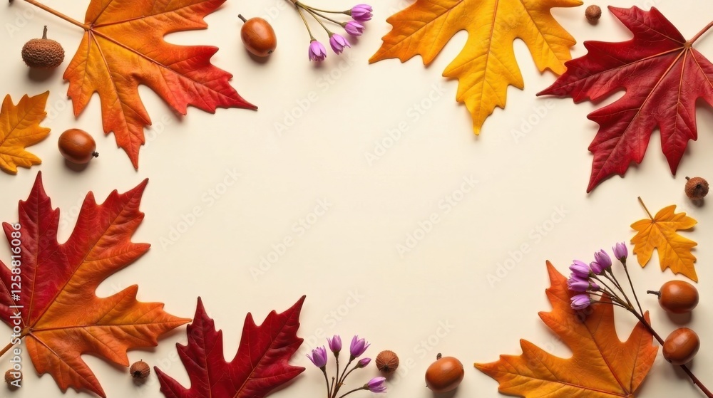 Fototapeta premium Autumnal Frame Featuring Vibrant Maple Leaves and Delicate Purple Flowers with Fall Accents