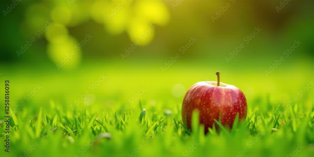 A Vibrant Red Apple Resting Gently in Lush Green Grass Under the Warm Glow of Sunlight A Vibrant Red Apple Resting Gently in Lush Green Grass Under the Warm Glow of Sunlight