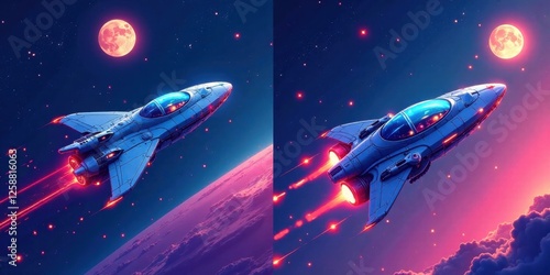 Wallpaper Mural Futuristic Spaceship Soaring Through a Vibrant Cosmic Landscape with a Crimson Moon Torontodigital.ca