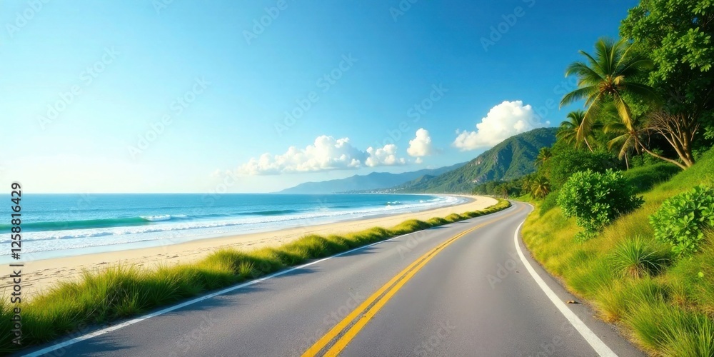 Coastal Highway Winding Through Lush Tropical Vegetation Towards Ocean Waves Under a Bright Blue Sky Coastal Highway Winding Through Lush Tropical Vegetation Towards Ocean Waves Under a Bright Blue Sky