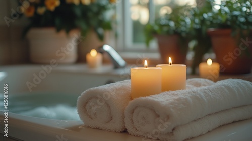 Relaxing spa setup with candles and towels in a serene bathroom environment