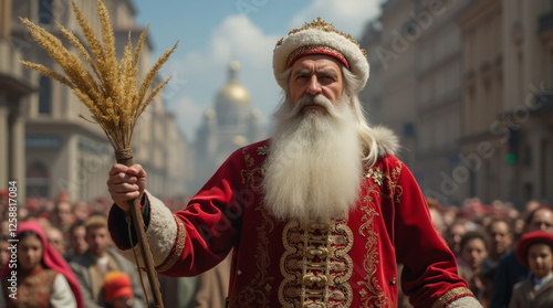 elderly man with a long white beard in rich red clothes with gold embroidery holding a sheaf of wheat in his hand