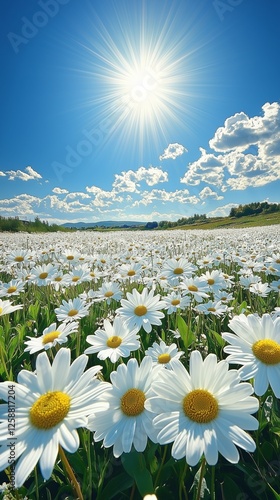 Bright sun shining over a field of blooming daisies in springtime